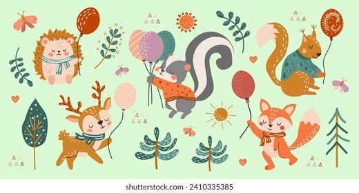 Set of cute forest animals with balloons. Vector illustration in hand drawn style. Deer, squirrel, skunk, hedgehog, fox in flat style. Children's creative illustration.