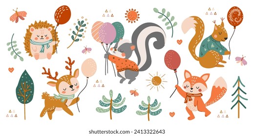 Set of cute forest animals with balloons. Vector illustration in hand-drawn style. Deer, squirrel, skunk, hedgehog and fox in flat style. Collection for postcards, banners, posters, prints. Clipart.