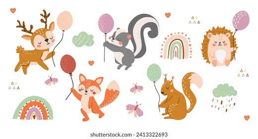 Conjunto de lindos animales del bosque con globos. Ilustración vectorial con estilo dibujado a mano. Venado, ardilla, zorro, zorro, arcoiris, nubes de estilo plano. Ilustración creativa de los niños.