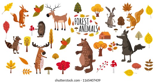 Set of cute forest animals bear, raccoon, squirrel, hare, fox, wolf, hedgehog, moose, deer, autumn leaves trees, trend modern style, vector, illustration, isolated