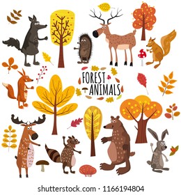 Set of cute forest animals bear, raccoon, squirrel, hare, fox, wolf, hedgehog, moose, deer, autumn leaves trees, trend modern style, vector, illustration, isolated