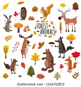 Set of cute forest animals bear, raccoon, squirrel, hare, fox, wolf, hedgehog, moose, deer, autumn leaves trees, trend modern style, vector, illustration, isolated