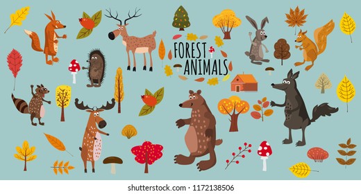 Set of cute forest animals bear, raccoon, squirrel, hare, fox, wolf, hedgehog, moose, deer, autumn leaves trees, trend modern style, vector, illustration, isolated