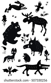 Set of cute forest animals. Bear, fox, wolf, hare,pig, elk, hedgehog, crow, bat. Black silhouettes.