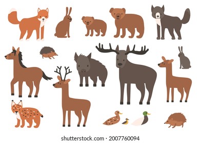 Set of cute forest animals. Cartoon isolated vector fox, wolf, bear, bear cub, elk, deer, fallow deer, hedgehog, hare, duck, duckling, lynx, horse, wild boar