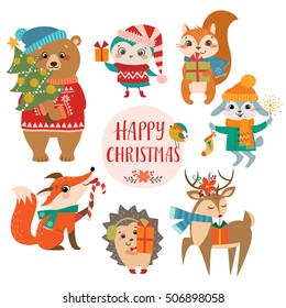 Set of cute forest animals with Christmas presents.