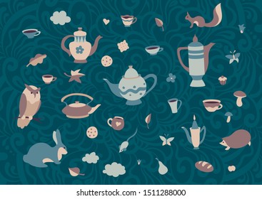 Set of cute forest animals with cups and teapots in scandinavian style. Cartoon retro collection tea party elements. Hyugge autumn or winter teatime vector illustration. Sweet home vintage background.