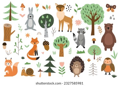 Set of cute forest animals with elements of nature on a white background. Vector illustration for your design, textiles, posters, postcards