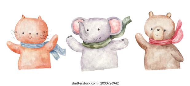 set of cute forest animals, elephant, cat and bear, hand drawn illustration, print, design for children