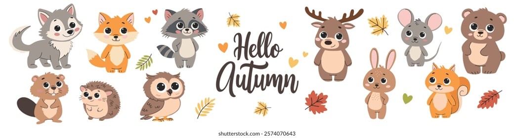 Set of cute forest animals, fall leaves and lettering Hello autumn. Bear, mouse, fox, hedgehog, squirrel, raccoon, beaver, hare, elk, deer, owl. Vector illustration.