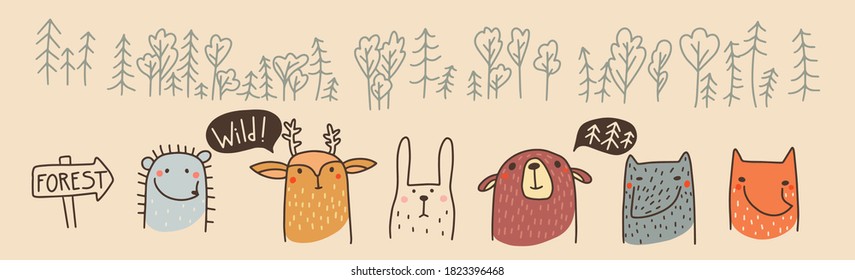 Set of Cute forest animals Fox, bear, deer, hedgehog, hare and wolf Scandinavian style for kids hand drawn. Doodle Vector cartoon illustration