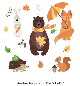 Set of cute forest animals. A fox, a bear cub in a scarf, a hedgehog with an apple, a squirrel with a nut, a hare with a carrot. Vector illustration isolated on white background.