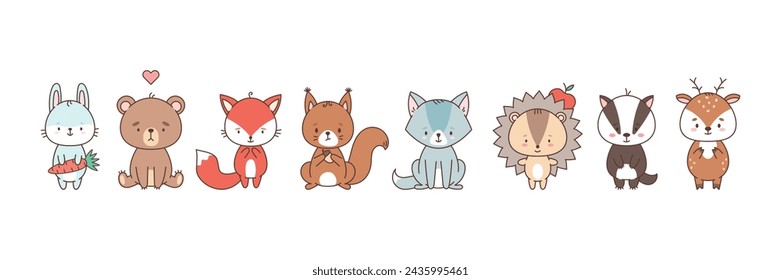 Set of cute forest animals fox hare bear wolf hedgehog badger deer squirrel. Cute animals in kawaii style. Drawings for children. vector illustration