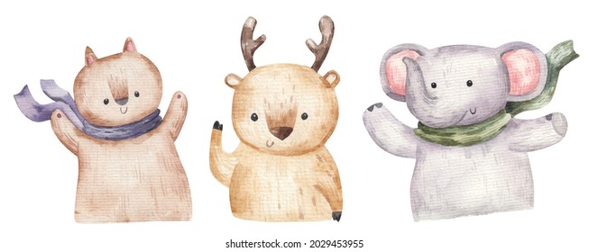 set of cute forest animals, hand drawn illustration, print, design for children