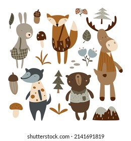 Set of cute forest animals: hare, bear, fox, wolf, deer and gifts of nature. Vector illustration isolated on white background in warm colors