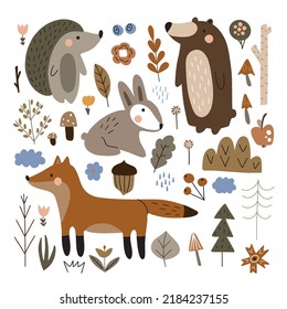 Conjunto de lindos animales del bosque: erizo, liebre, oso, zorro y regalos de la naturaleza. Ilustración de vectores aislada en fondo blanco en colores cálidos