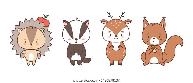 Set of cute forest animals hedgehog, badger, deer, squirrel. Cute animals in kawaii style. Drawings for children. vector illustration