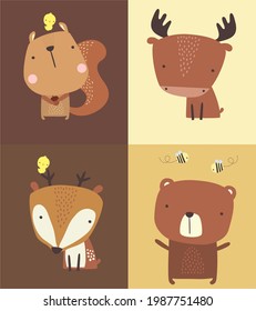 Set of cute forest animals illustration. bear, moose, squirrel and deer. Hand drawn style. can be used for nursery decoration, baby and kids wear, fashion print design svg