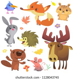 Set of cute forest animals isolated on white background. Cartoon bird, hedgehog, beaver, bunny rabbit, chipmunk, fox, mouse and moose elk. Vector illustration