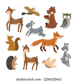 Set of cute forest animals isolated on white background. Vector illustration for your design
