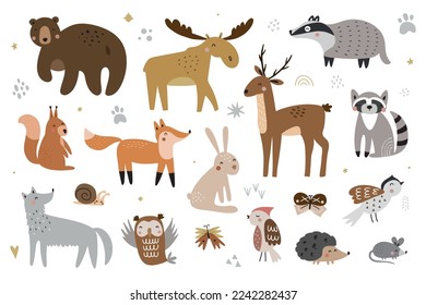 Conjunto de lindos animales del bosque aislados en un fondo blanco. Ilustración vectorial para su diseño