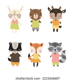Set with cute forest animals for kids. Vector illustration for the design of textiles and nursery
