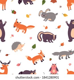 Set of cute forest animals on a white isolated background. Pattern. Children s vector illustrations.