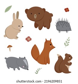 Set of cute forest animals on white background. Cartoon bear, rabbit, fox, hedgehog, raccoon, squirrel. Vector illustration for children.