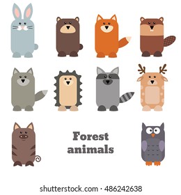 Set of cute forest animals on white background.