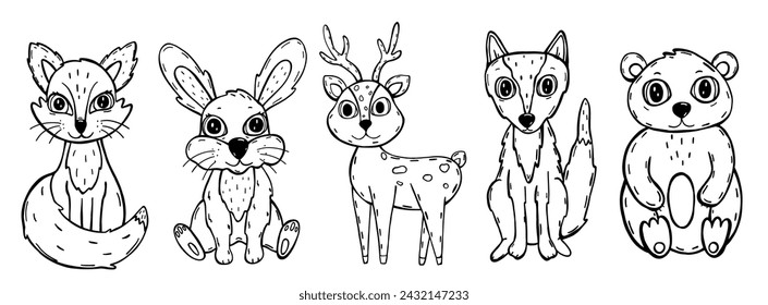 Set with cute forest animals in outline style. Coloring book page