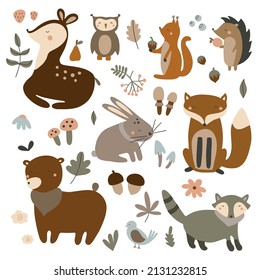 Set of cute forest animals: owl, squirrel, hare, bear, fox, raccoon, hedgehog, nightingale, deer and gifts of nature. Vector illustration isolated on white background in warm colors