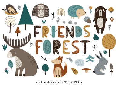 Set of cute forest animals: owl, hare, bear, fox, hedgehog, deer and gifts of nature. Vector illustration isolated on white background in warm colors