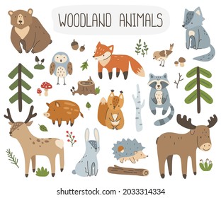 Conjunto de lindos animales y plantas forestales. Colección de elementos vectoriales de madera para tela de diseño infantil, textil, envoltura, papel.