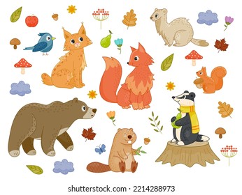 Set of cute forest animals and plants. Stickers with badger, bear, fox, lynx, squirrel and beaver. Design elements for print or baby shower. Cartoon flat vector collection isolated on white background