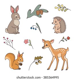 Set of cute forest animals. Rabbit, deer, hedgehog and squirrel in a cartoon style