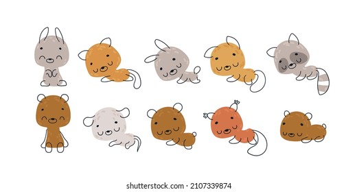 Set cute forest animals: raccoon, fox, bear, rabbit, mice, squirrel. sleeping animals. Cartoon Print for baby posters, cards, clothes. Vector illustration