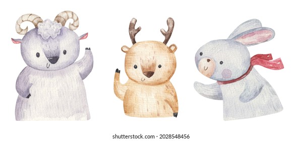 set of cute forest animals, ram, hare and deer, hand drawn illustration, print, design for children