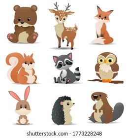 Set of cute forest animals. Forest symbols - bear, deer, fox, squirrel, raccoon, owl, rabbit, hedgehog, beaver. Cute forest animals. Vector illustration