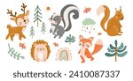 Set of cute forest animals. Vector illustration in hand drawn style. Deer, squirrel, skunk, hedgehog, fox, trees, Christmas trees in flat style. Children