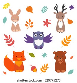 Set of  cute forest animals. Vector flat collection.
