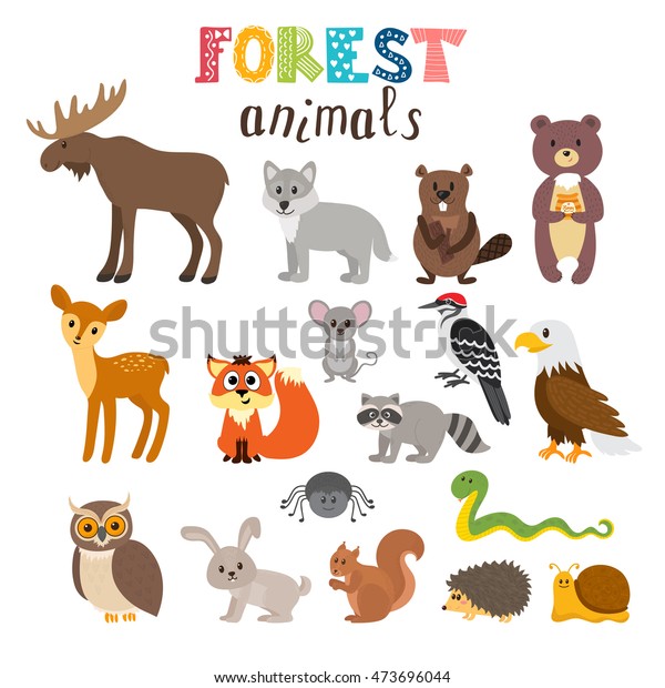 ベクター画像の可愛い森の動物のセット 木の国 漫画のスタイル ベクターイラスト のベクター画像素材 ロイヤリティフリー