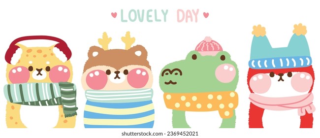 Set of cute forest animals wear winter and spring clothing.Wild animal character cartoon design.Tiger,deer,crocodile,fox hand drawn.Merry christmas.Kawaii.Vector.Illustration.