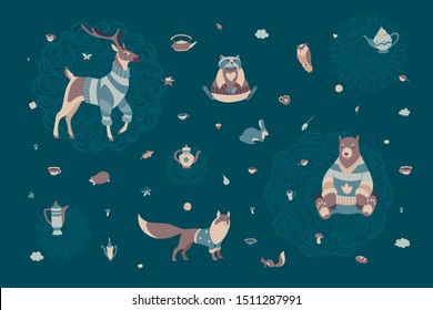 Set of cute forest animals wearing clothes with cups and teapots in scandinavian style. Hello autumn or winter vintage background.  Cartoon vector retro characters hyugge illustration.