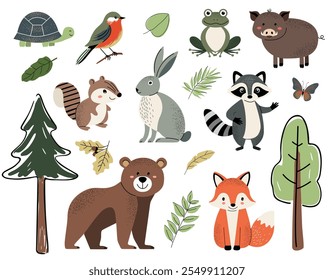 Conjunto de animais de floresta bonitos. Animais e árvores da floresta. Urso, raposa, sapo, javali, guaxinim, tartaruga, esquilo, coelho.