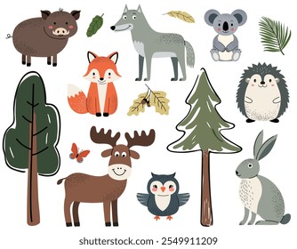 Conjunto de animais de floresta bonitos. Animais e árvores da floresta. Alce, raposa, coruja, javali, ouriço, coala, coelho.