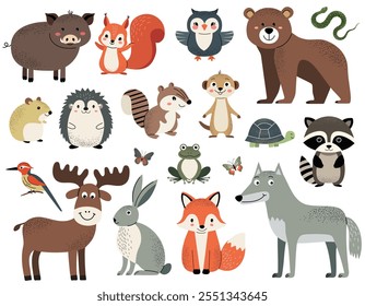 Conjunto de lindos animales del bosque. Animales del bosque. Lobo, zorro, búho, jabalí, ardilla, conejo.