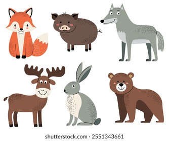 Conjunto de animais de floresta bonitos. Animais da floresta. Alce, javali, raposa, lobo, urso, coelho.