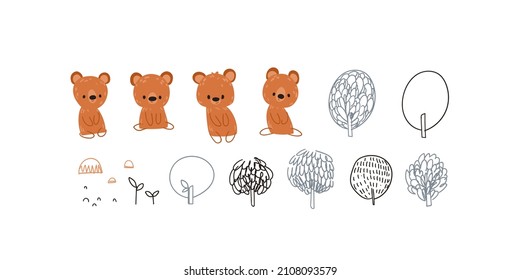 Set cute forest bears and trees. Cartoon Print for baby posters, cards, clothes. Vector illustration