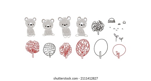 Set cute forest bears and trees. Cartoon Print for baby posters, cards, clothes. Vector illustration