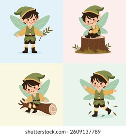 Set of cute forest fairy boy with wings on white background. Poster, Banner, Flyer, Greeting Card. Vector illustration in flat cartoon style